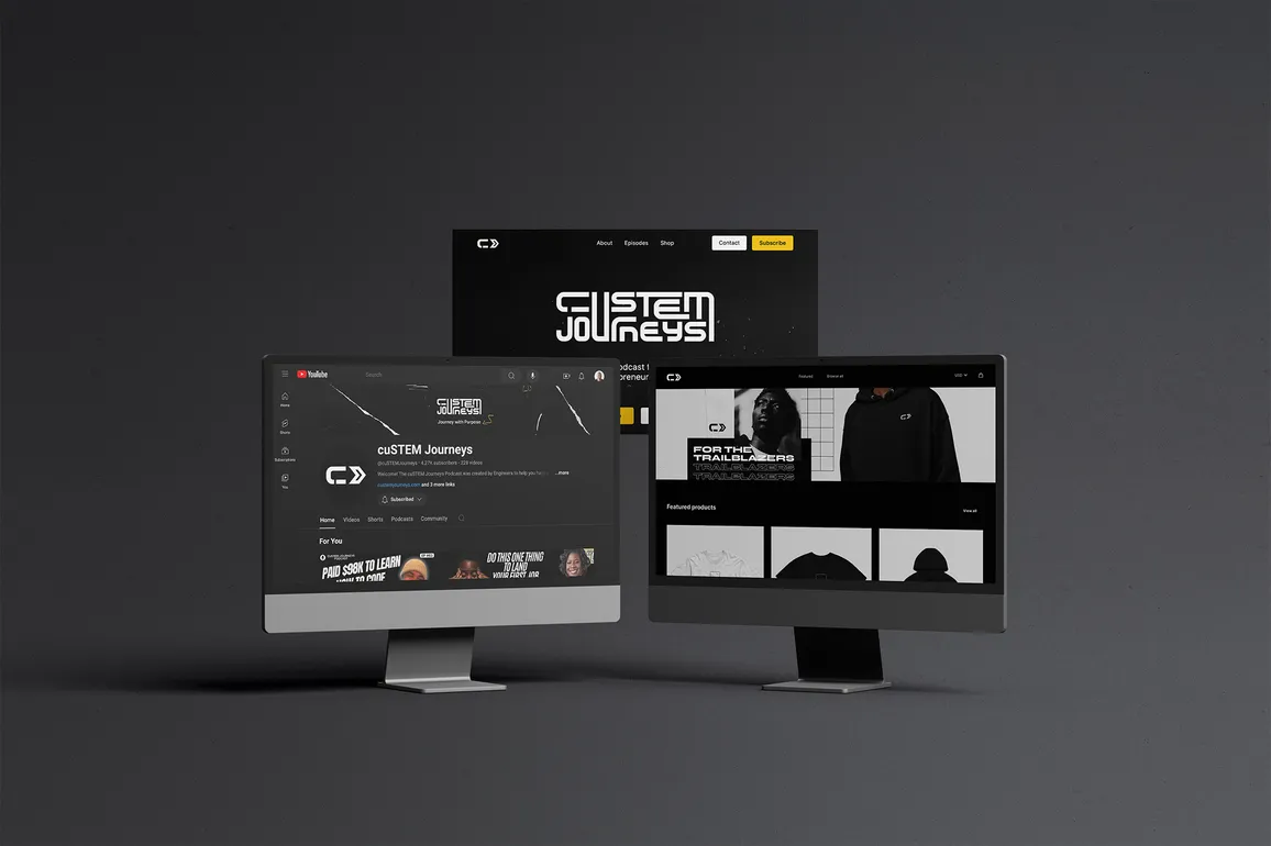 A collection of desktop computers showing the website, YouTube channel, and online shop for Custem Journeys.