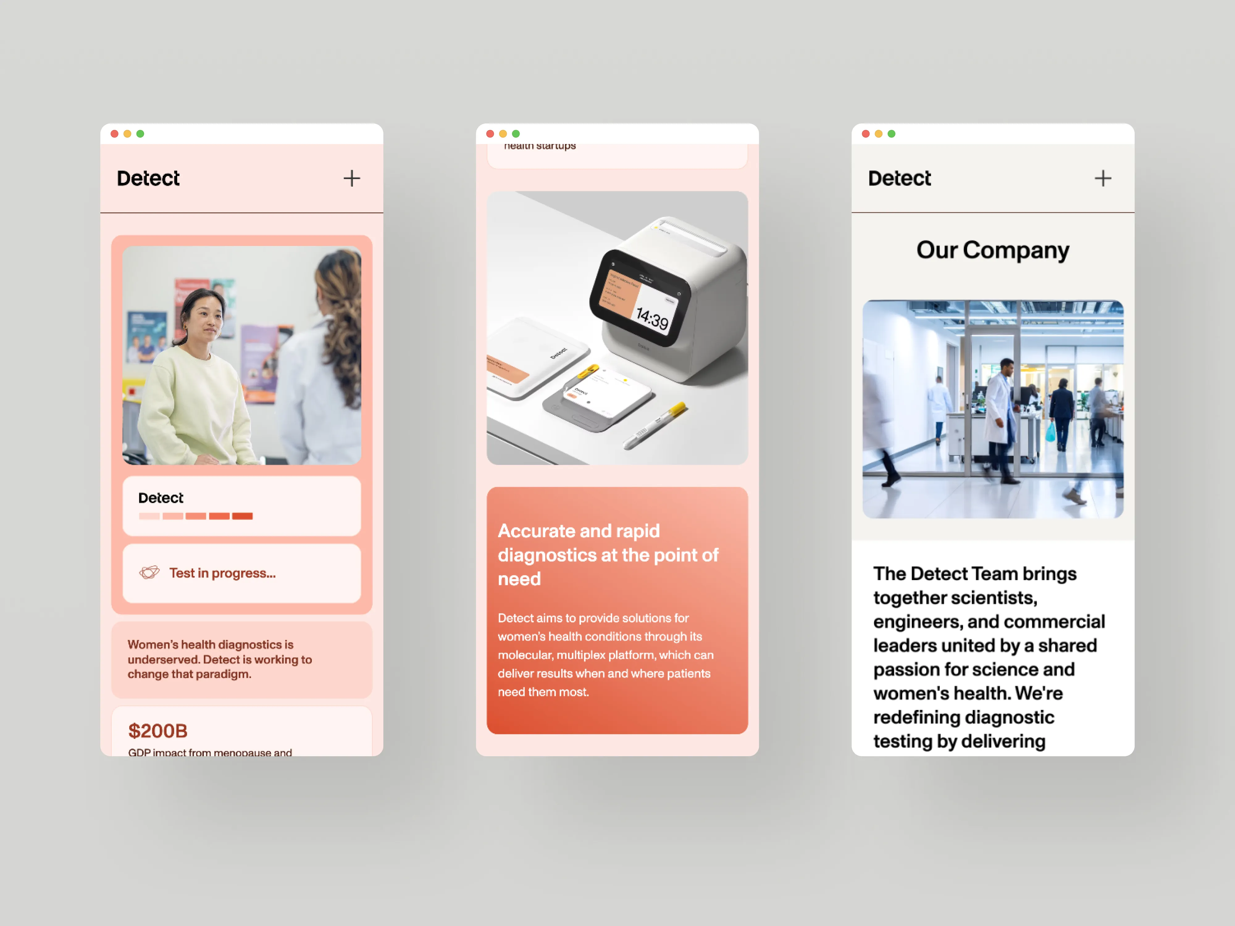 Screenshots showing the mobile responsiveness of the Detect website