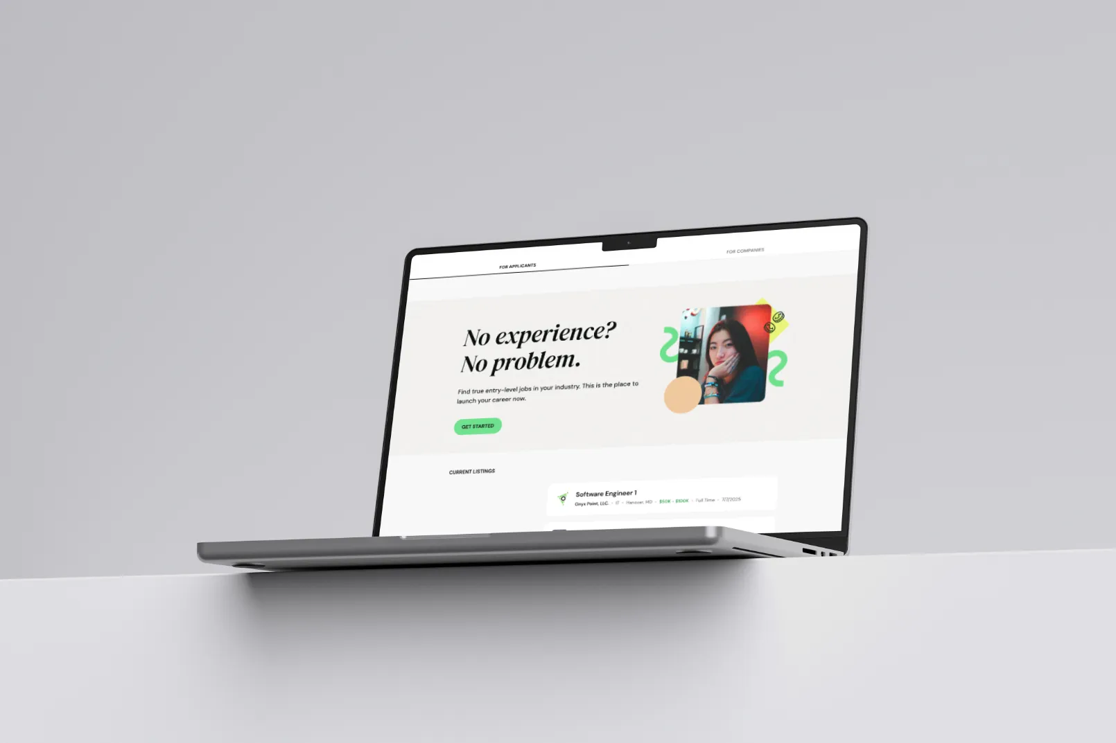 A laptop showing the applicants homepage for the NoExperienceJobs website.