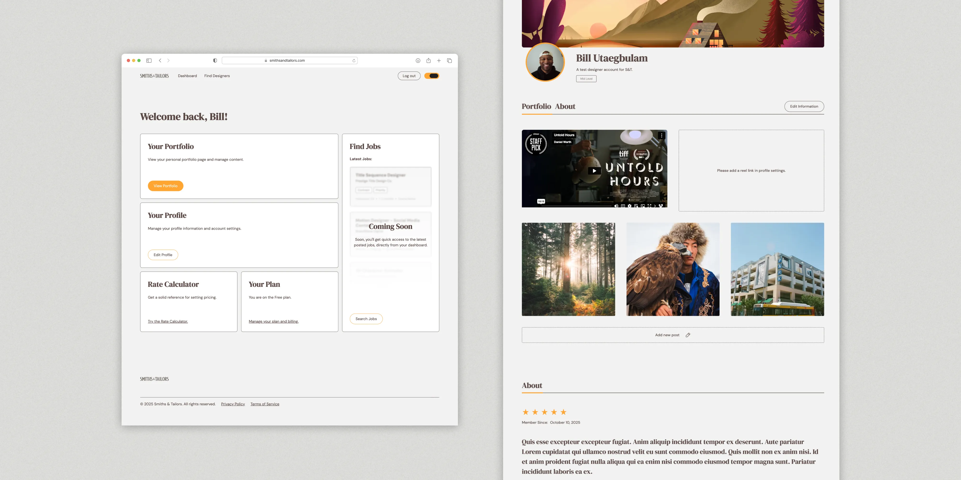 Screen captures of the UX experience for designers, featuring the designer dashboard and portfolio page.