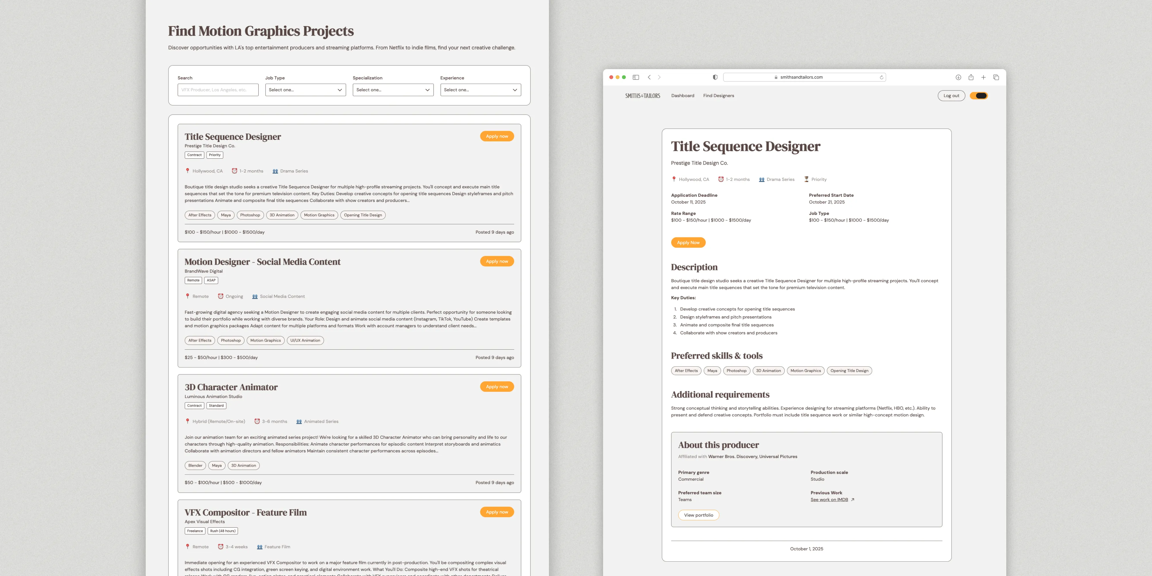 Screen captures for the job search feature and a sample job post.